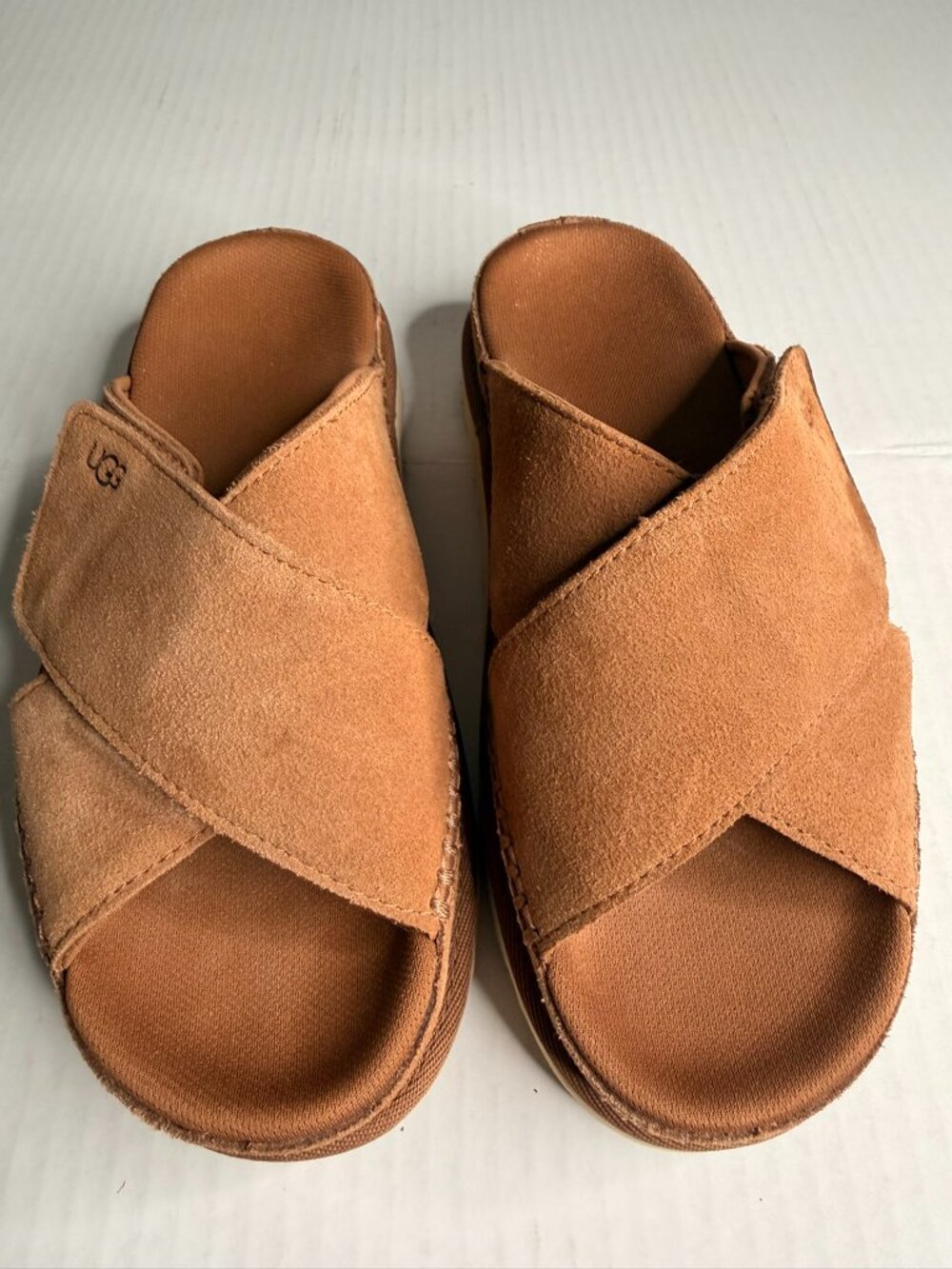 UGG Goldenstar Cross Slide Sandals Chestnut Suede Women's 6.5 Adjustable Strap